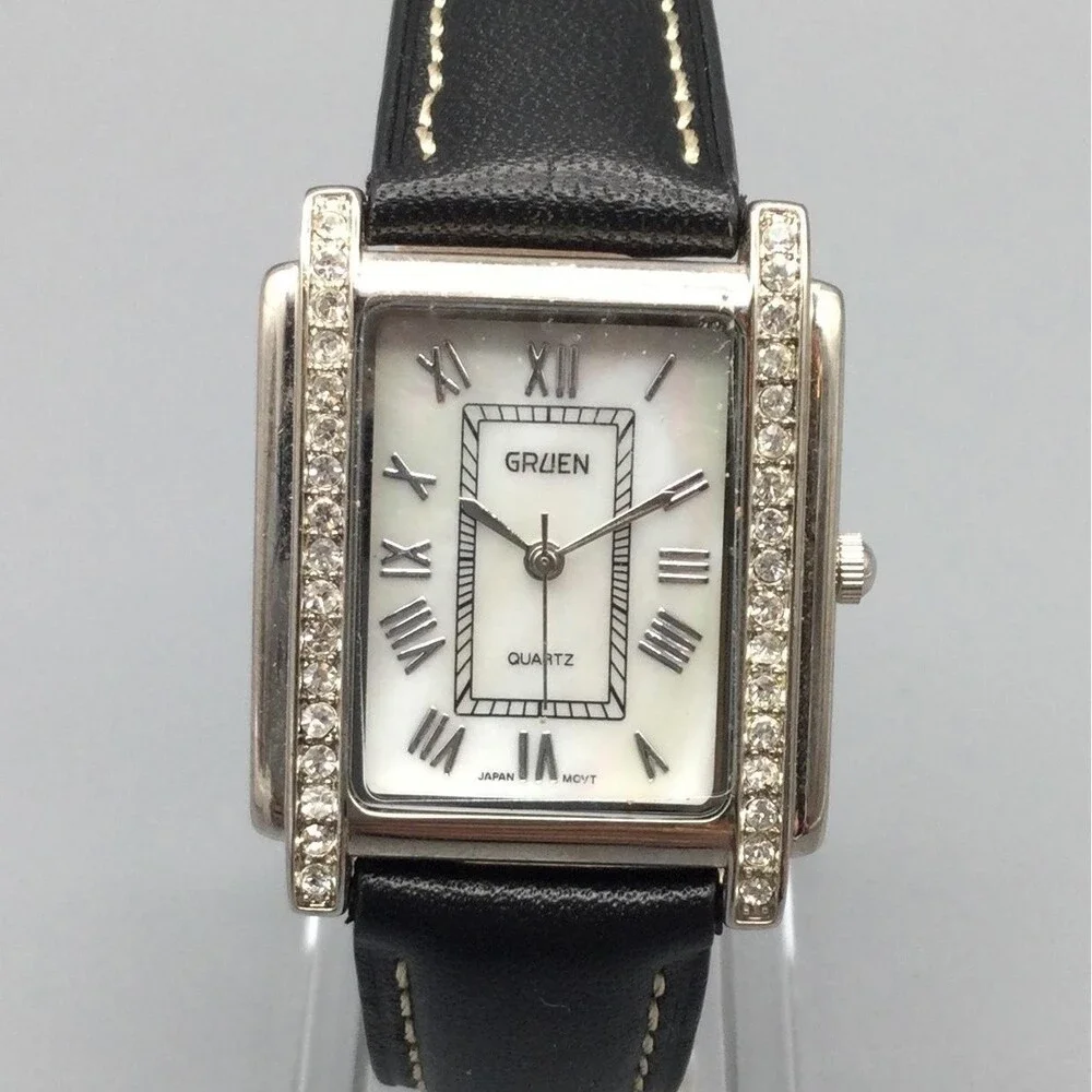 Gruen Womens Watch 28mm White Dial Crystal Bezel Black Leather New Battery